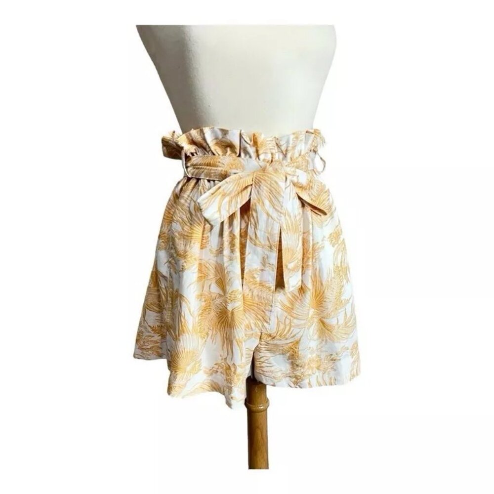 Ophelia Roe Short XL Linen Rayon Orange Tropical Hawaiian Floral Ruffle Tie Belt